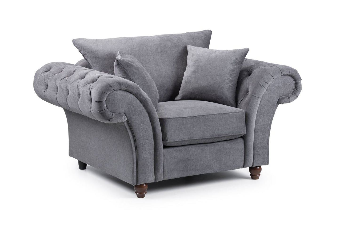 Elegant Windsor Fullback Grey Armchair: Tufted Scroll Arms, Solid Wood