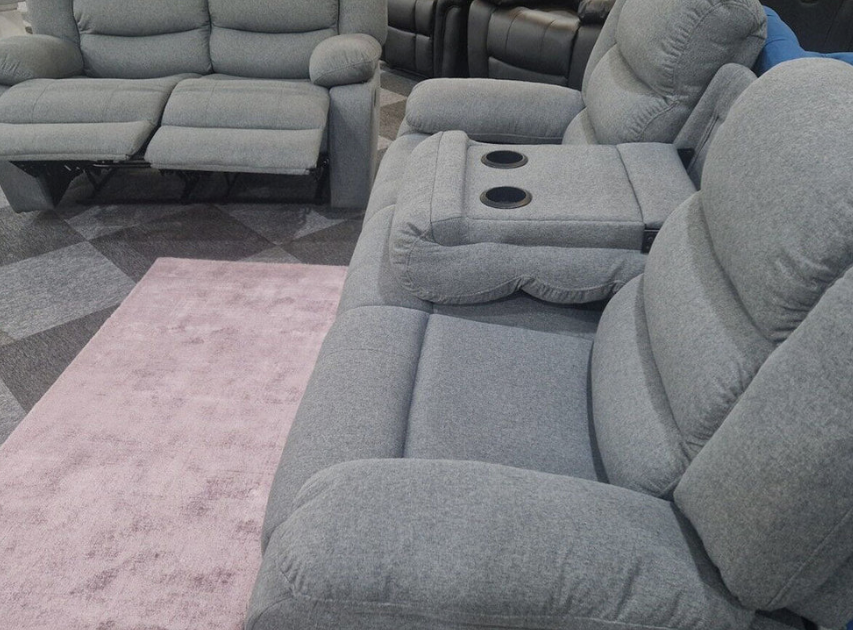 Roma Fabric Reclining Sofa, Grey Fabric, 3+2 Seater with Cup Holders
