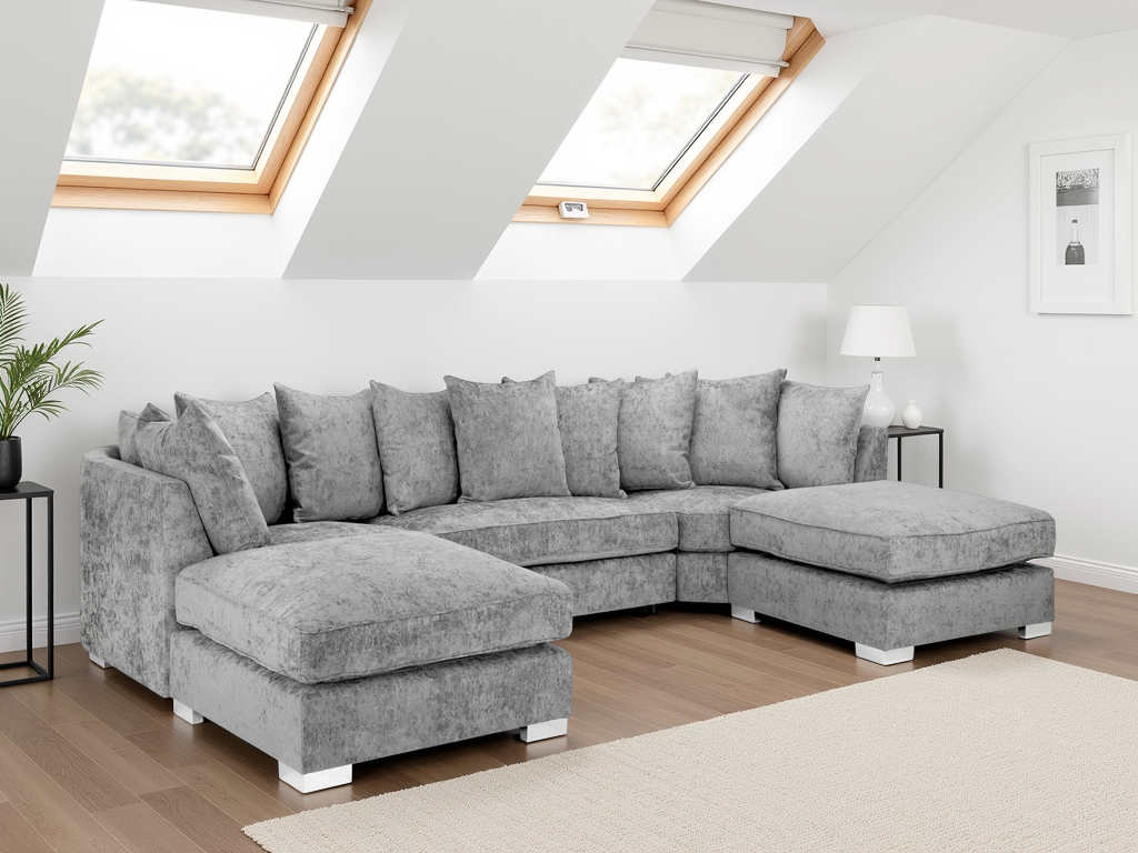 Luxurious Bishop Platinum U-Shape Corner Sofa with Moveable Scatterback Cushions