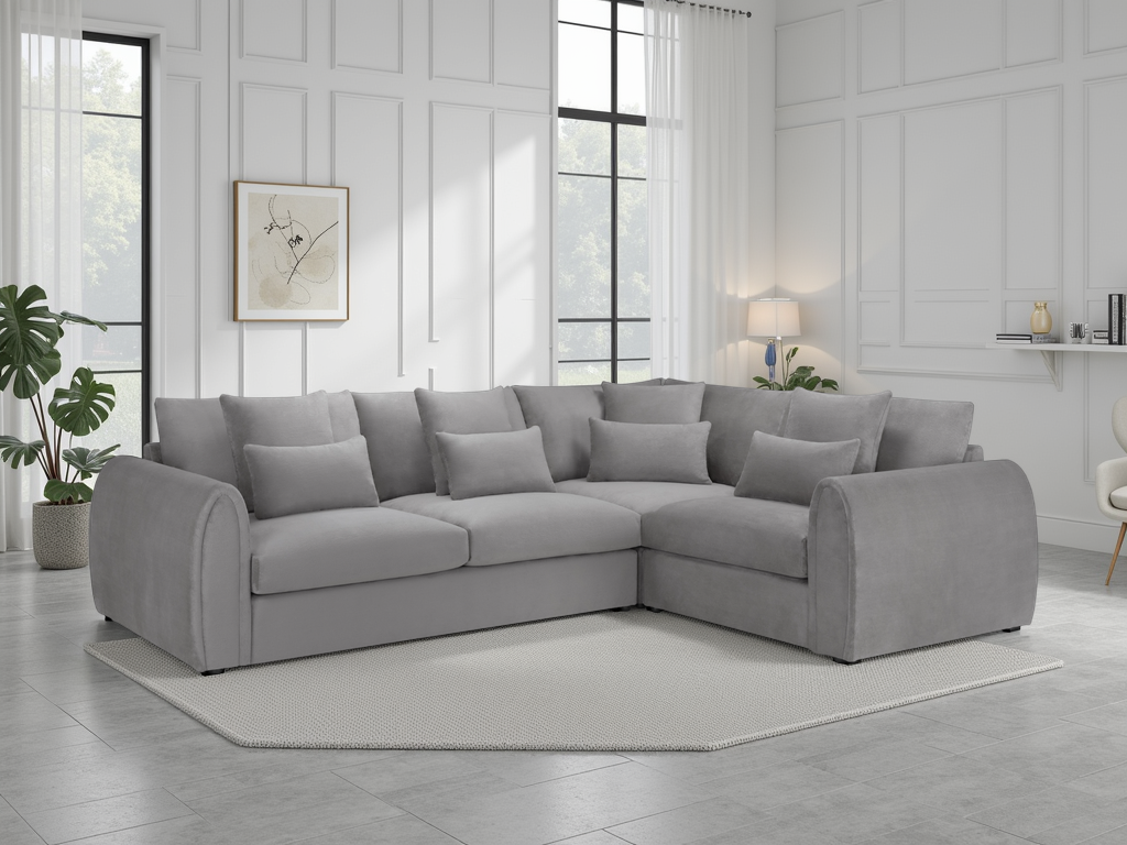 Mirabel Grey Right Hand Corner Sofa: Plush Velvet, Spacious Seating, Removable Cushions