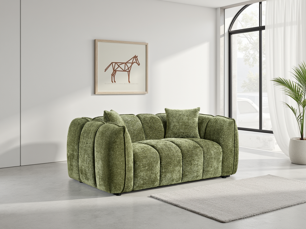 Stylish Olive Green 2-Seater Velvet Sofa: Channel Tufted Design, Deep Seating