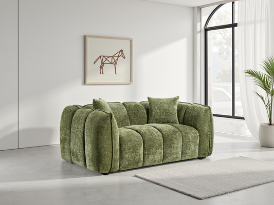 Stylish Olive Green 2-Seater Velvet Sofa: Channel Tufted Design, Deep Seating