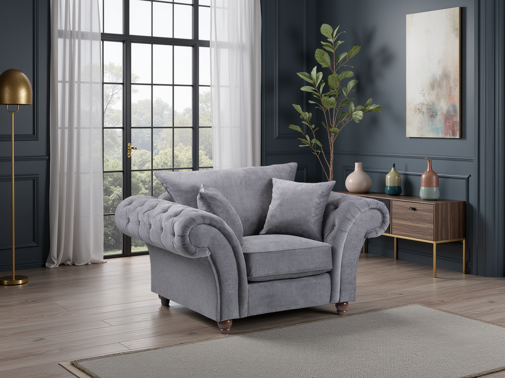 Elegant Windsor Fullback Grey Armchair: Tufted Scroll Arms, Solid Wood