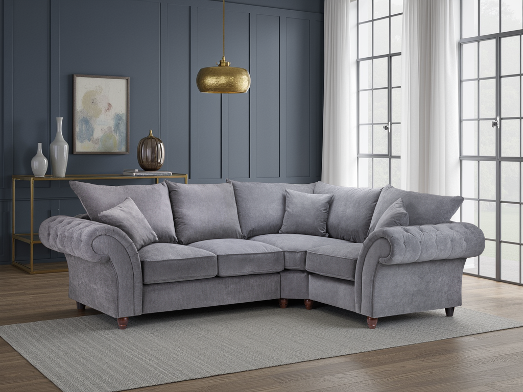 Elegant Grey Right Hand Facing Corner Sofa with Button-Tufted Arms