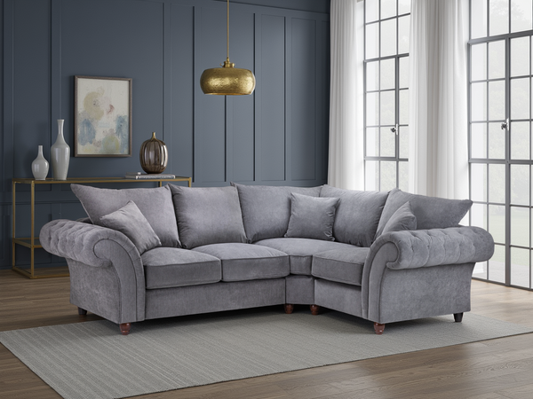 Elegant Grey Right Hand Facing Corner Sofa with Button-Tufted Arms