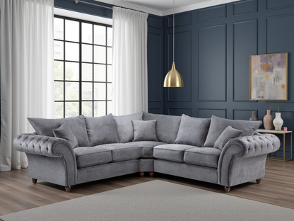 Luxurious Windsor Fullback Grey Large Corner Sofa with Button-Tufted Scroll Arms