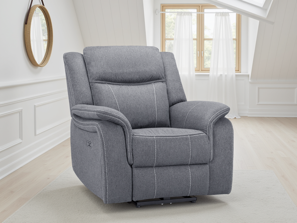 Galaxy Tech Electric Recliner Armchair: Grey Fabric, USB, Cupholders, Storage