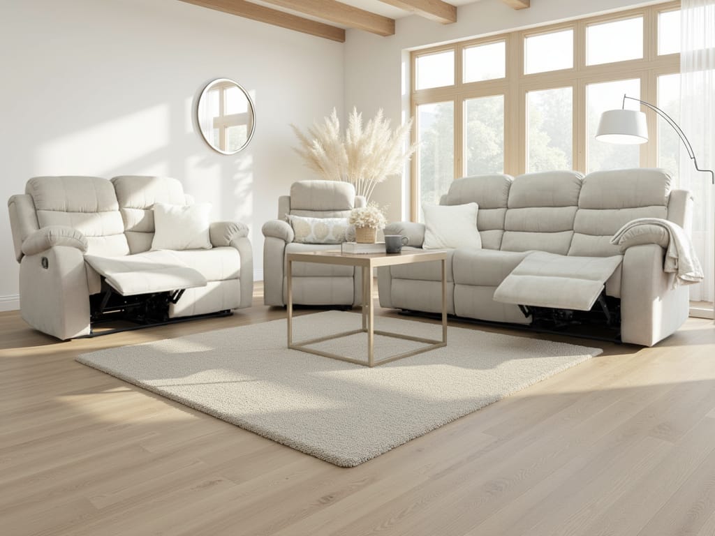 Stanley Beige Manual Recliner Fabric Sofa Set - Plush 3+2+1 Living Room