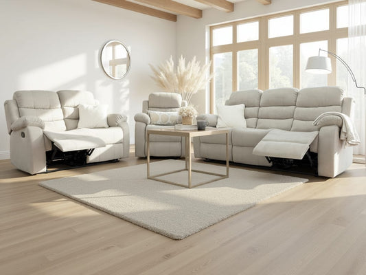 Stanley Beige Manual Recliner Fabric Sofa Set - Plush 3+2+1 Living Room