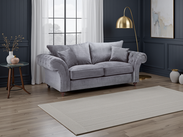 Windsor Fullback Grey 3 Seater Sofa with Button-Tufted Scroll Arms