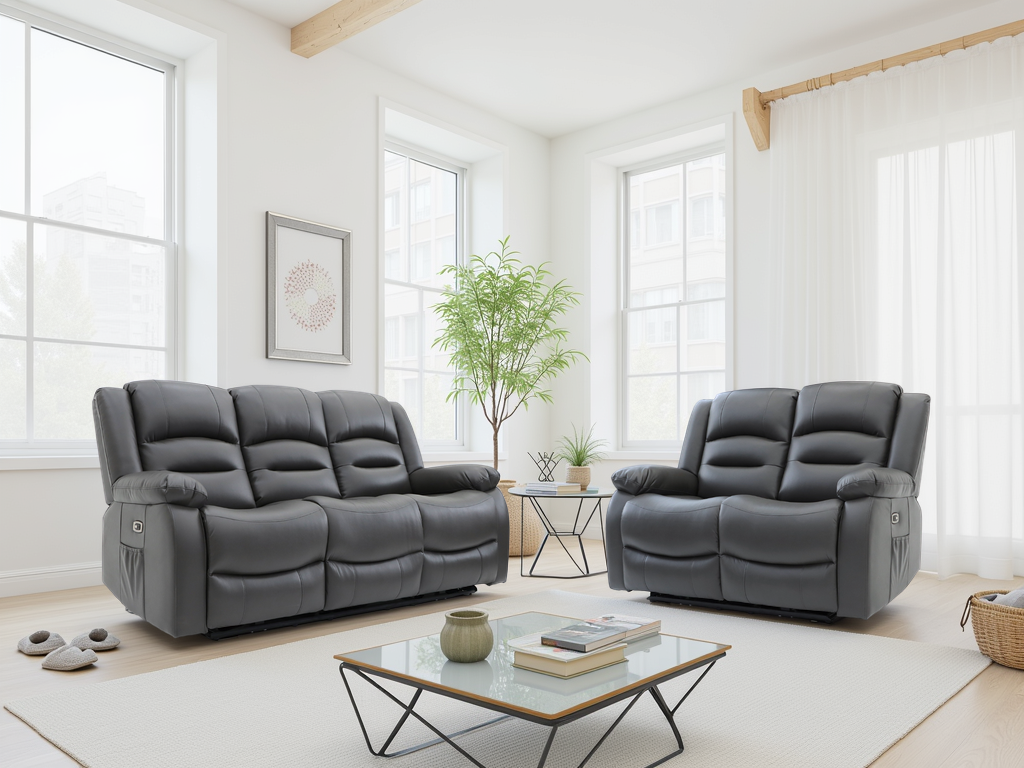Alva Grey Electric Recliner Sofa 3+2 Set with USB-C, Storage