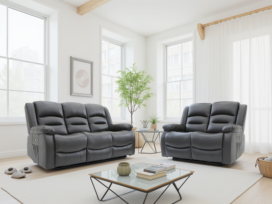 Alva Grey Electric Recliner Sofa 3+2 Set with USB-C, Storage
