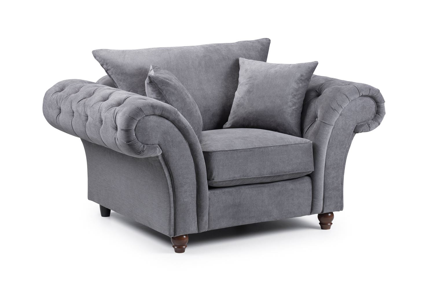 Elegant Windsor Fullback Grey Armchair: Tufted Scroll Arms, Solid Wood