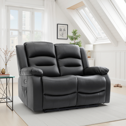 Alva Black Electric Recliner Sofa: USB-C, Cup Holders, Plush Faux Leather