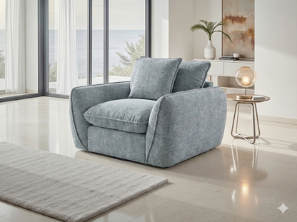 Berlin Grey Fabric Armchair: Contemporary Cloud-Like Comfort, Deep Cushions, Stylish Piping
