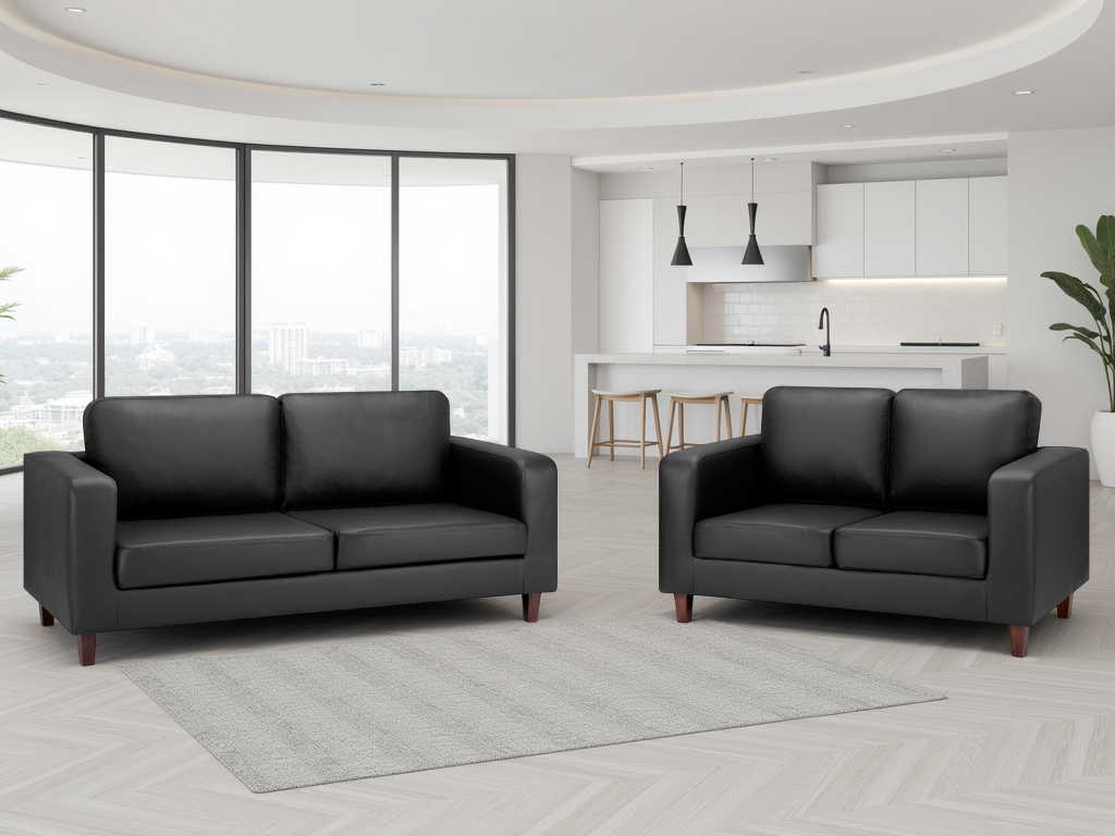 Compact Black Faux Leather 3+2 Sofa Set: Modern 'Sofa in a Box' Design