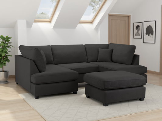 Carnaby Modern Black U-Shape Corner Sofa: Spacious, Comfortable Polyester Fabric
