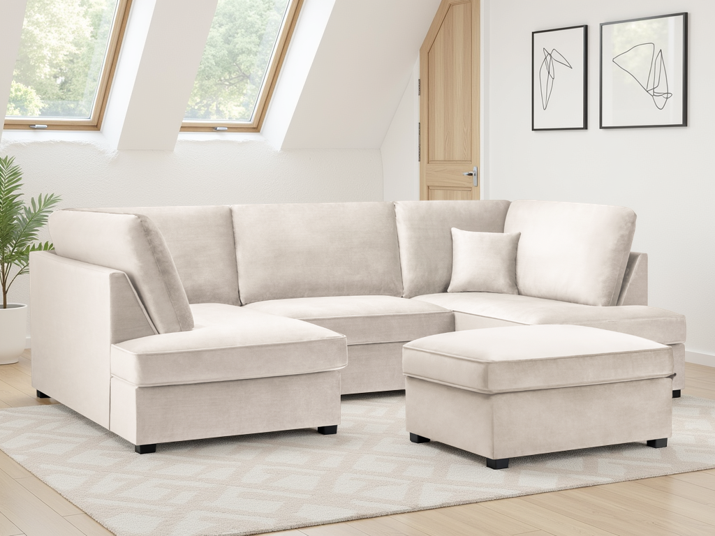 Luxurious Carnaby Plush Beige U-Shape Corner Sofa: Spacious, Comfortable, and Stylish Living
