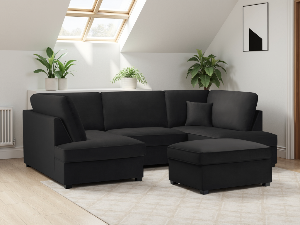 Luxurious Carnaby Plush Black U-Shape Corner Sofa for Ultimate Comfort
