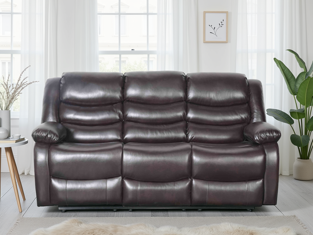 Conrad Brown 3-Seater Manual Recliner Sofa: Plush Bonded Leather Comfort