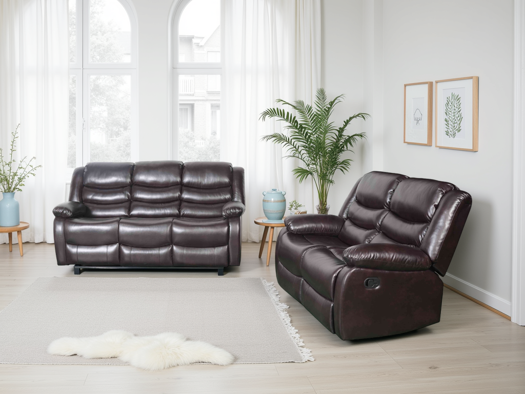 Luxurious Conrad Manual Recliner Sofa Set: Brown Bonded Leather 3+2 Seater