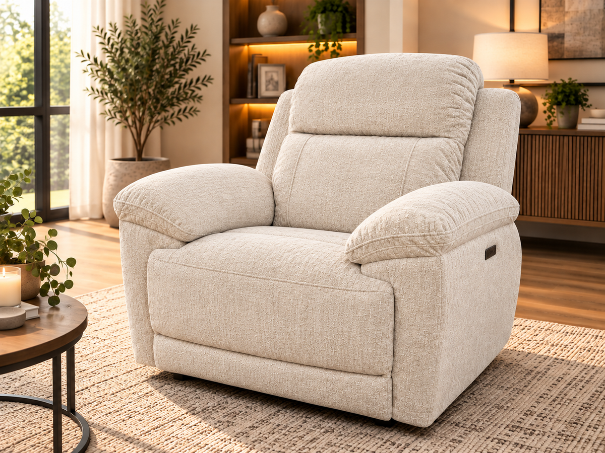 Owen Electric Recliner Armchair, Cupholders, Wireless Charger, Soft Beige or Grey Fabric