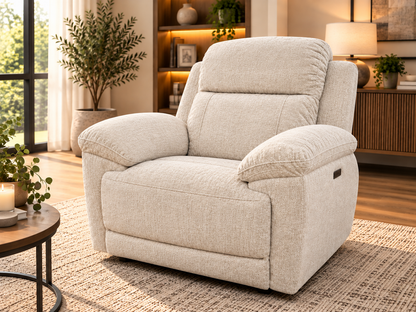 Owen Electric Recliner Armchair, Cupholders, Wireless Charger, Soft Beige or Grey Fabric