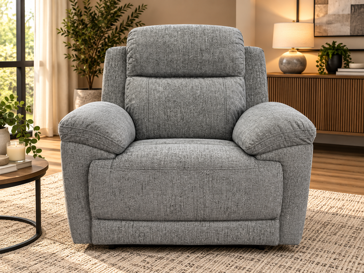 Owen Electric Recliner Armchair, Cupholders, Wireless Charger, Soft Beige or Grey Fabric
