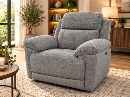 Owen Electric Recliner Armchair, Cupholders, Wireless Charger, Soft Beige or Grey Fabric