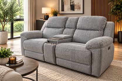 Owen Electric Recliner 2-Seater Sofa: Beige or Grey Fabric, Wireless Charging & Cupholders