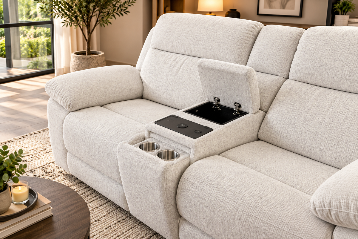 Owen Electric Recliner 2-Seater Sofa: Beige or Grey Fabric, Wireless Charging & Cupholders