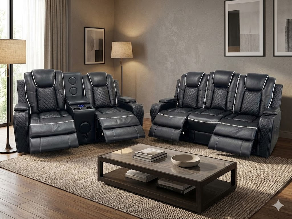 Emilay Premium Leather Electric Recliner 2 Seater Sofa with Cooling Cupholders, Integrated Speaker System, Reading Lights and Wireless Charging