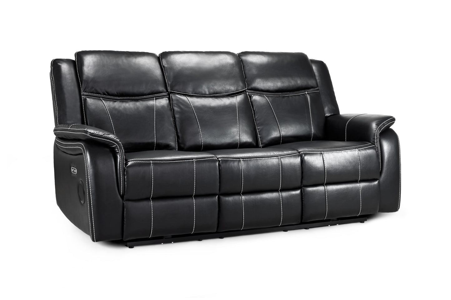 Galaxy Tech 3-Seater Electric Recliner: Black Leather, USB Charging, Cupholders