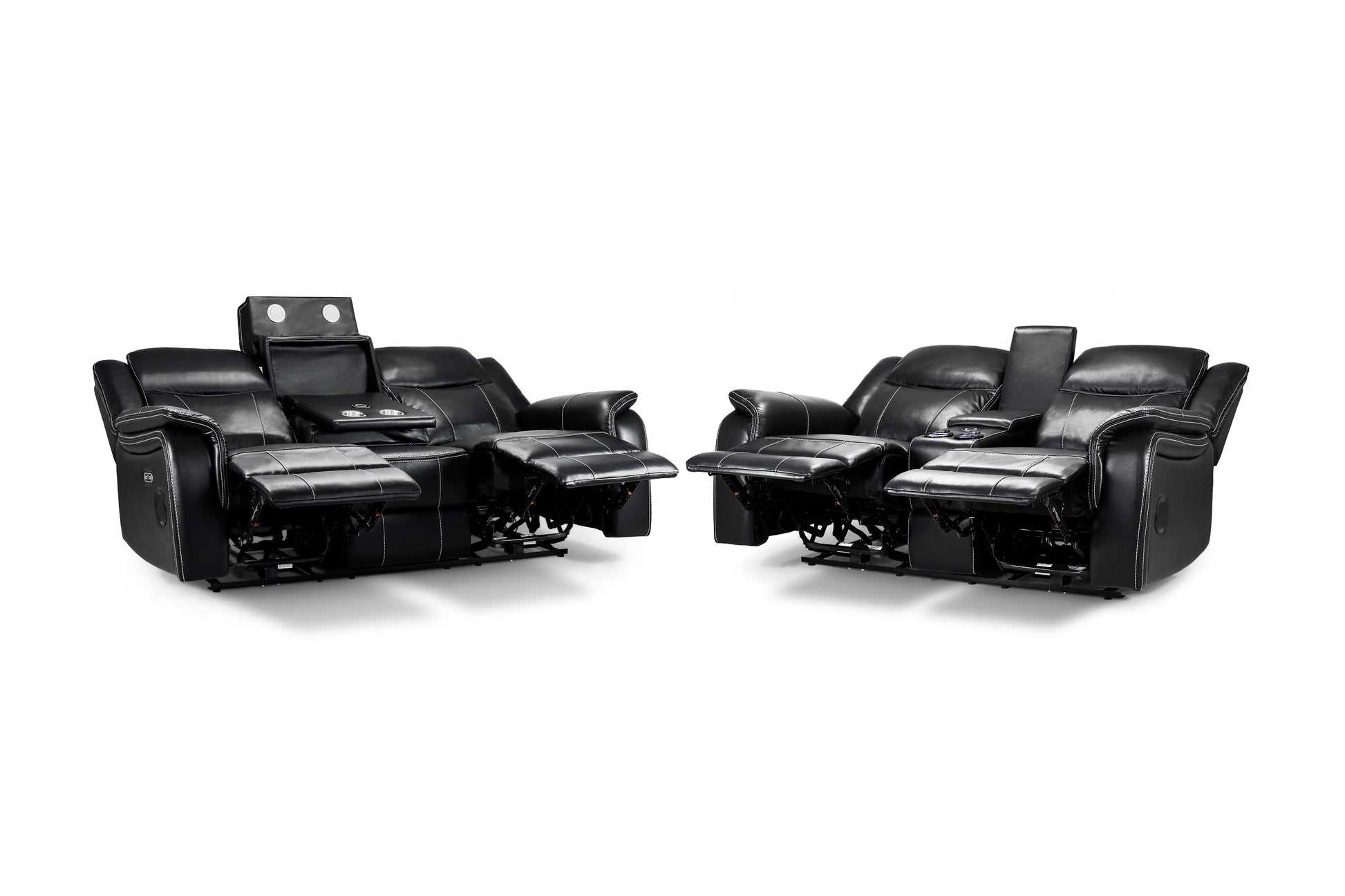 Galaxy Tech Smart Electric Recliner Sofa: Black Leatheraire 3+2 Set