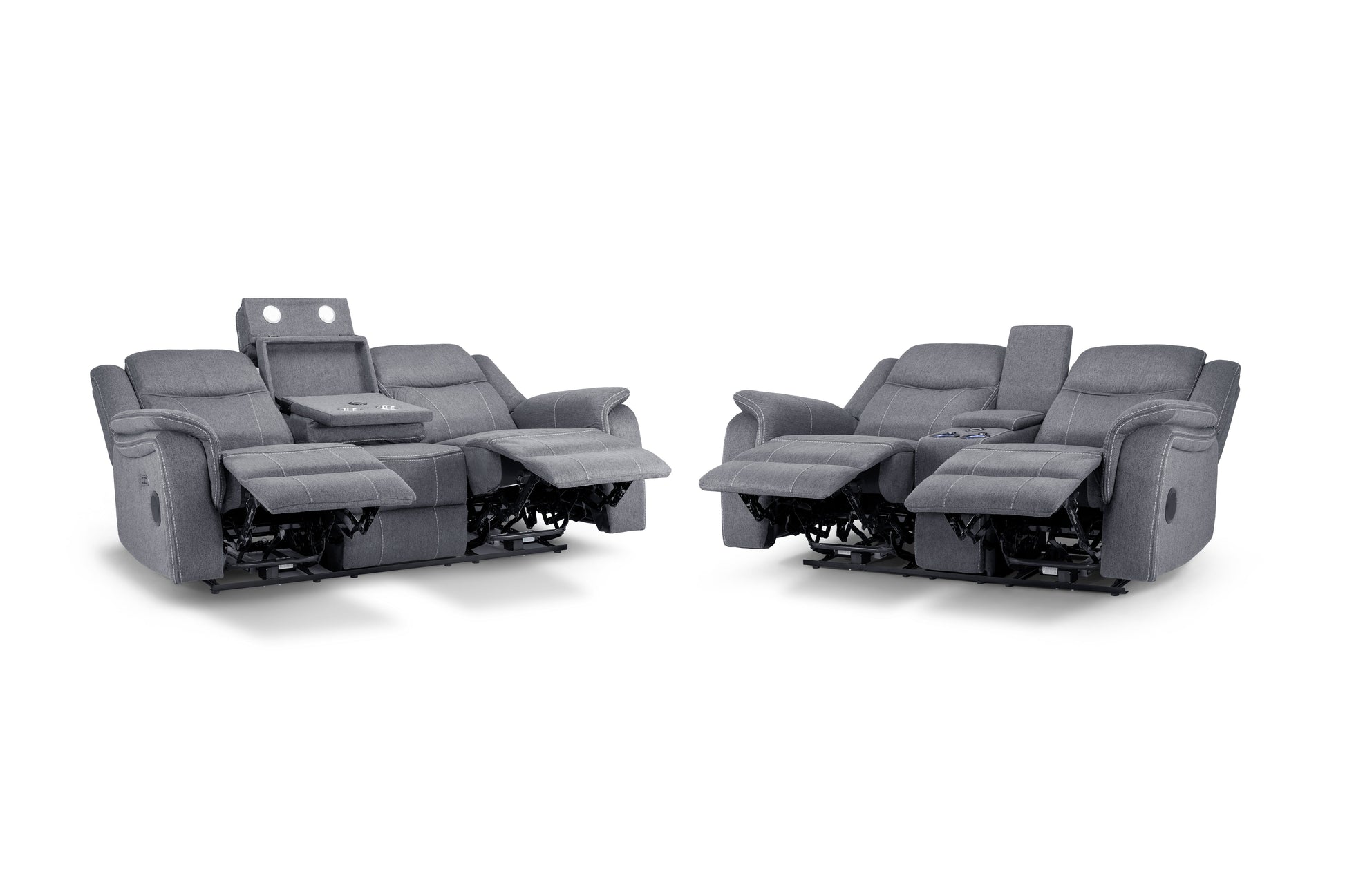 Galaxy Tech Electric Recliner Sofa Set: Grey Fabric 3+2, Smart Home Comfort