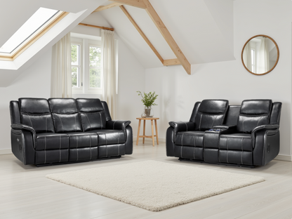 Galaxy Tech Smart Electric Recliner Sofa: Black Leatheraire 3+2 Set