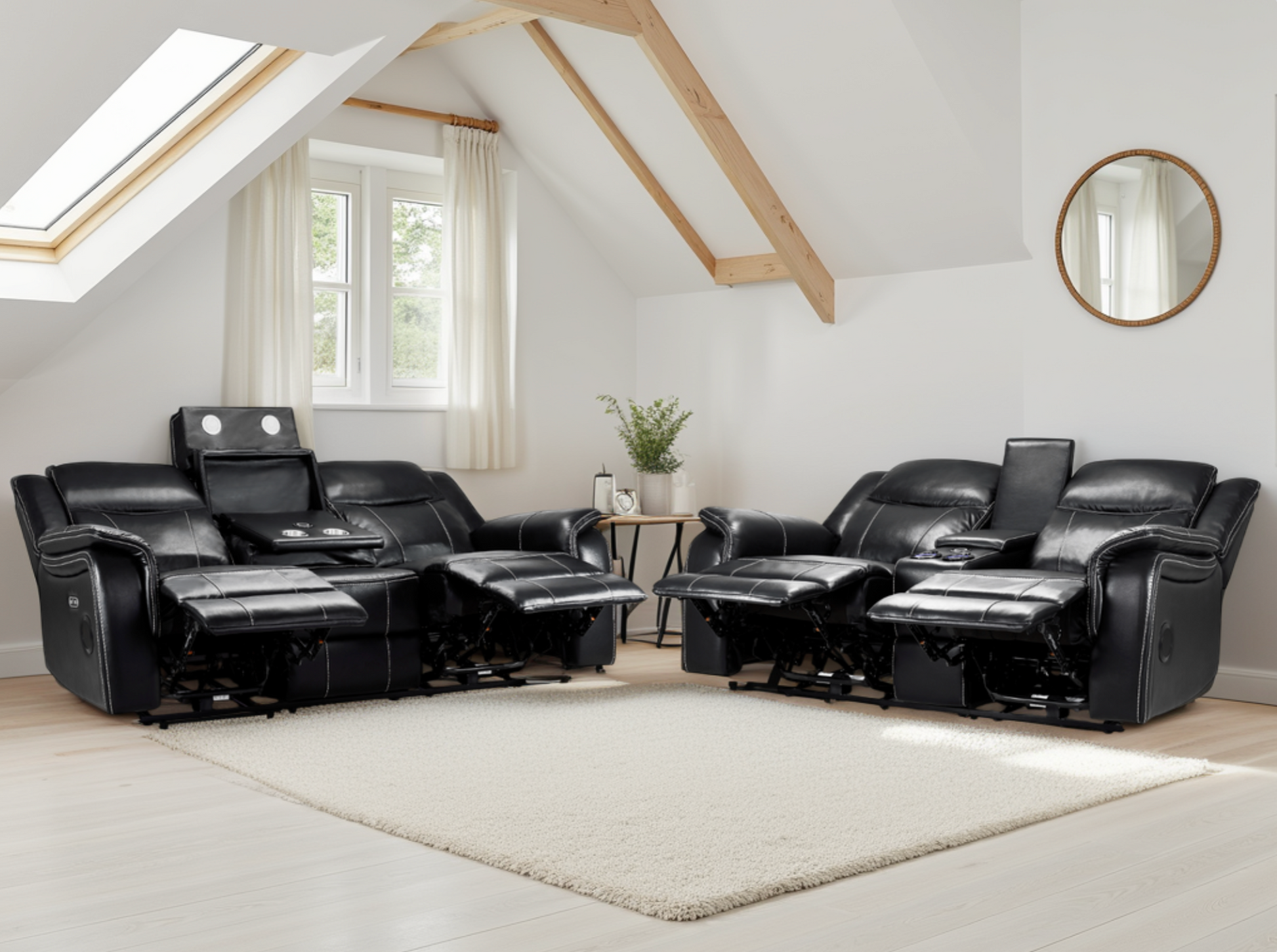 Galaxy Tech Smart Electric Recliner Sofa: Black Leatheraire 3+2 Set