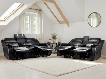 Galaxy Tech Smart Electric Recliner Sofa: Black Leatheraire 3+2 Set