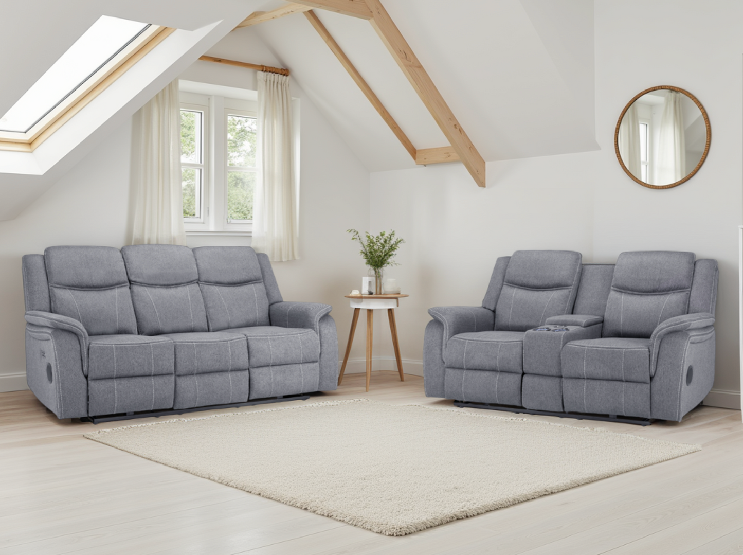 Galaxy Tech Electric Recliner Sofa Set: Grey Fabric 3+2, Smart Home Comfort