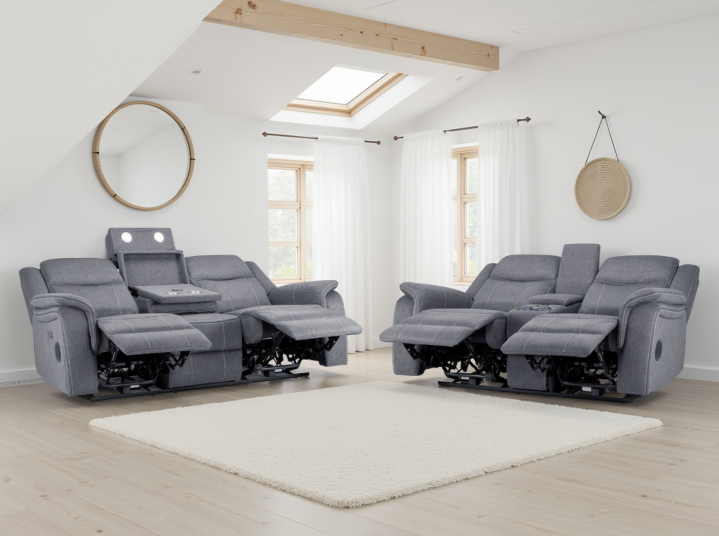 Galaxy Tech Electric Recliner Sofa Set: Grey Fabric 3+2, Smart Home Comfort