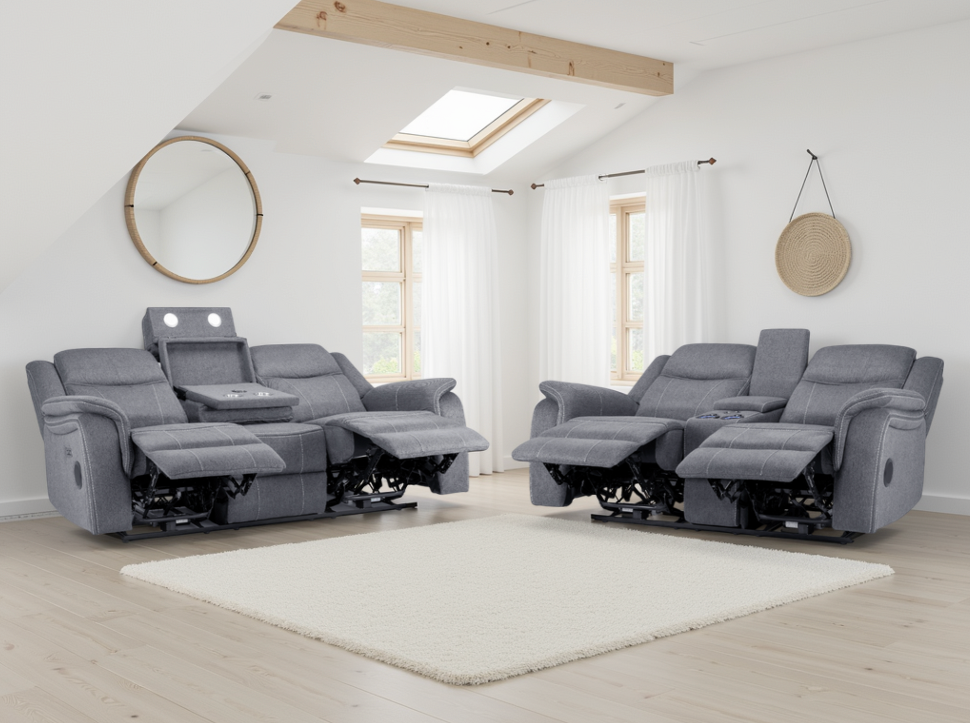 Galaxy Tech Electric Recliner Sofa Set: Grey Fabric 3+2, Smart Home Comfort