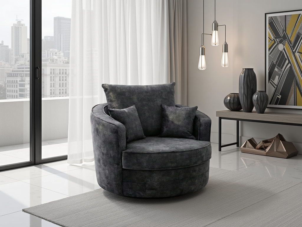 Serena Plush Black Swivel Chair - Modern Comfort, 360-Degree Rotation Lounge Sofa