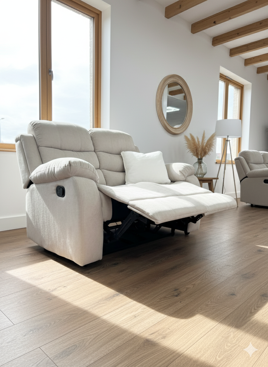 Stanley Beige Manual Recliner Fabric Sofa Set - Plush 3+2+1 Living Room