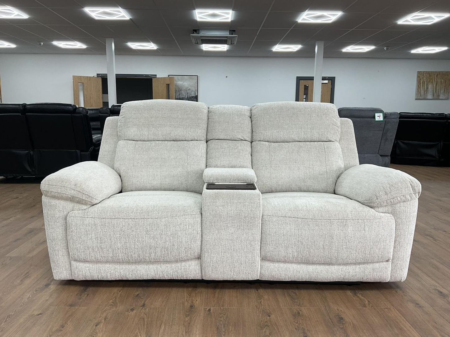 Owen Electric Recliner 2-Seater Sofa: Beige Fabric, Wireless Charging & Cupholders