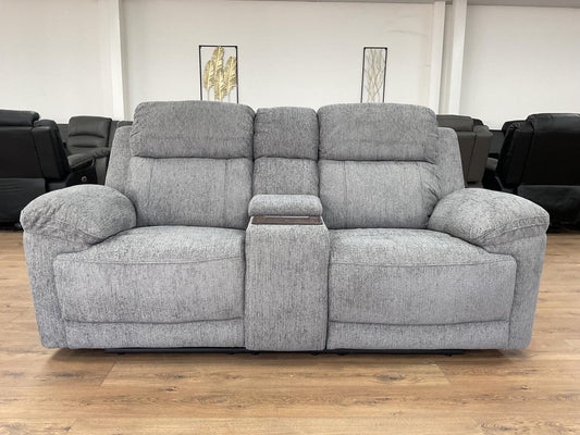 Owen Electric Recliner 2-Seater Sofa: Grey Fabric, Wireless Charging, Cupholders