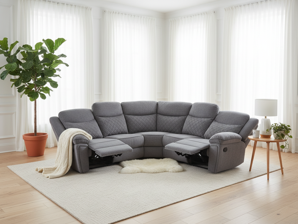 Myra Large Grey Fabric Recliner Corner Sofa with Quilted Back Cushions