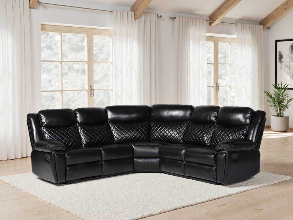Myra Black Leather Air Large Corner Recliner Sofa with Quilted Cushions