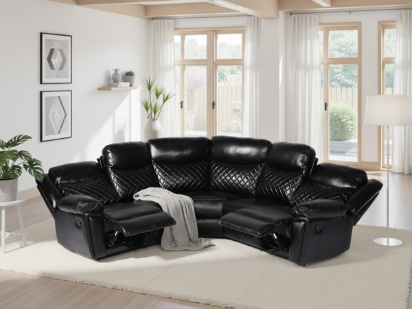 Myra Black Leather Air Large Corner Recliner Sofa with Quilted Cushions