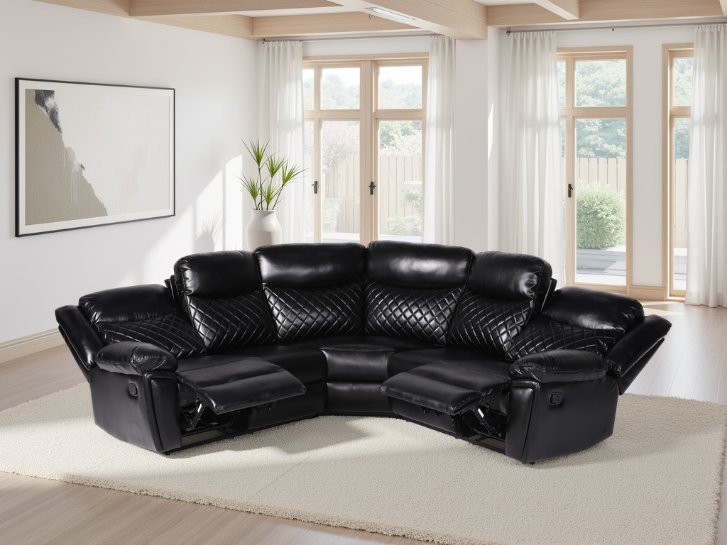 Myra Black Leather Air Large Corner Recliner Sofa with Quilted Cushions