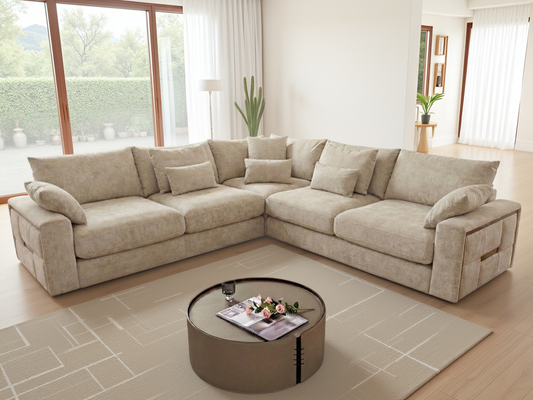 Jupiter Beige Large Corner Sofa: Luxurious Fabric, Deep Seating, Plush Scatter Cushions